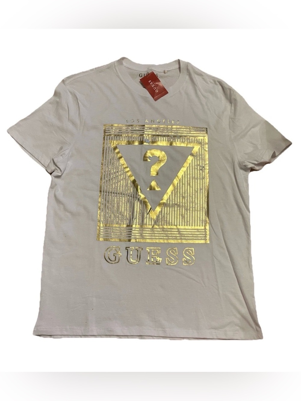 NWT Men’s Guess Benji Foil Triangle Logo Short Sleeve  T-Shirt - White - Large